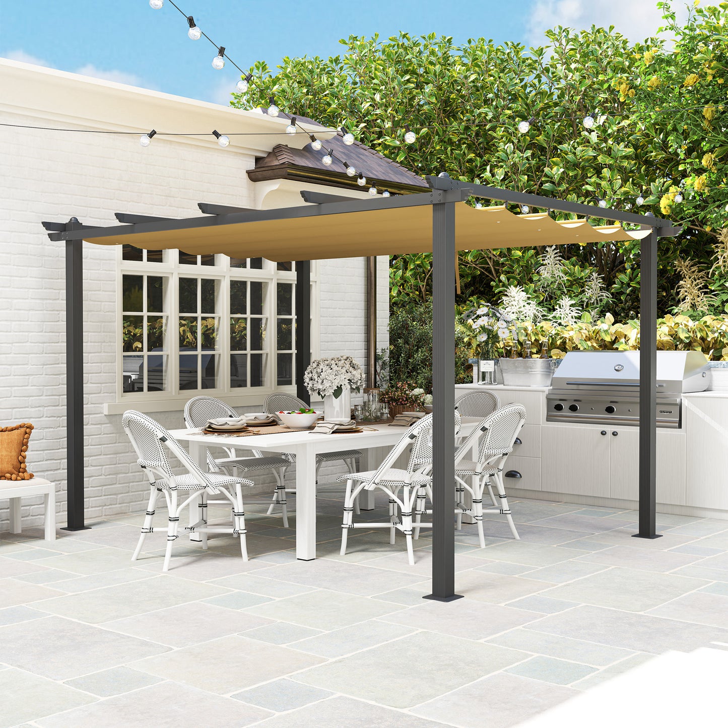 Outsunny 3 x 4m Aluminium Pergola With Retractable Roof Khaki for Patio Or Garden