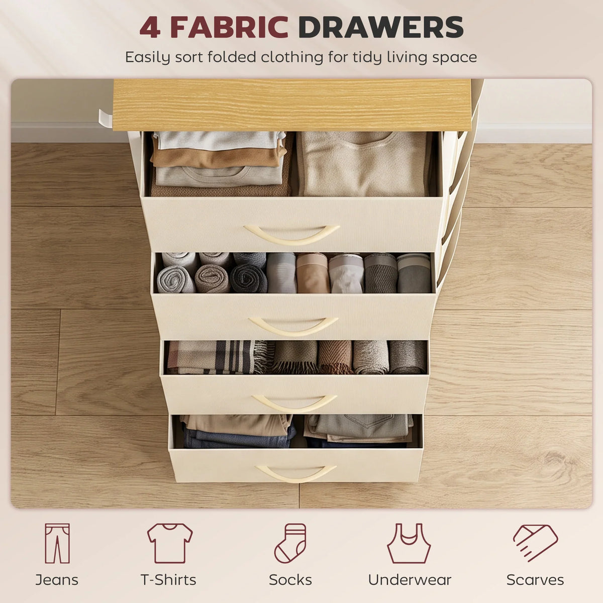 Beige fabric chest of drawers with top open, folded-clothing storage in four bins