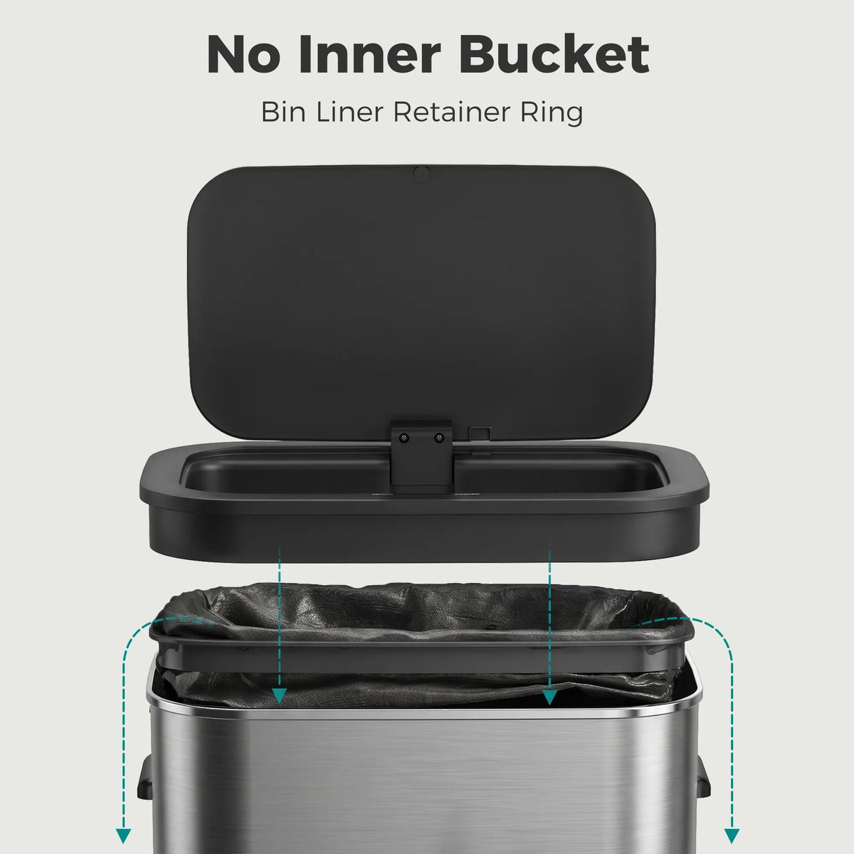 Stainless steel touchless trash can with lid open, showing inner bin cavity design