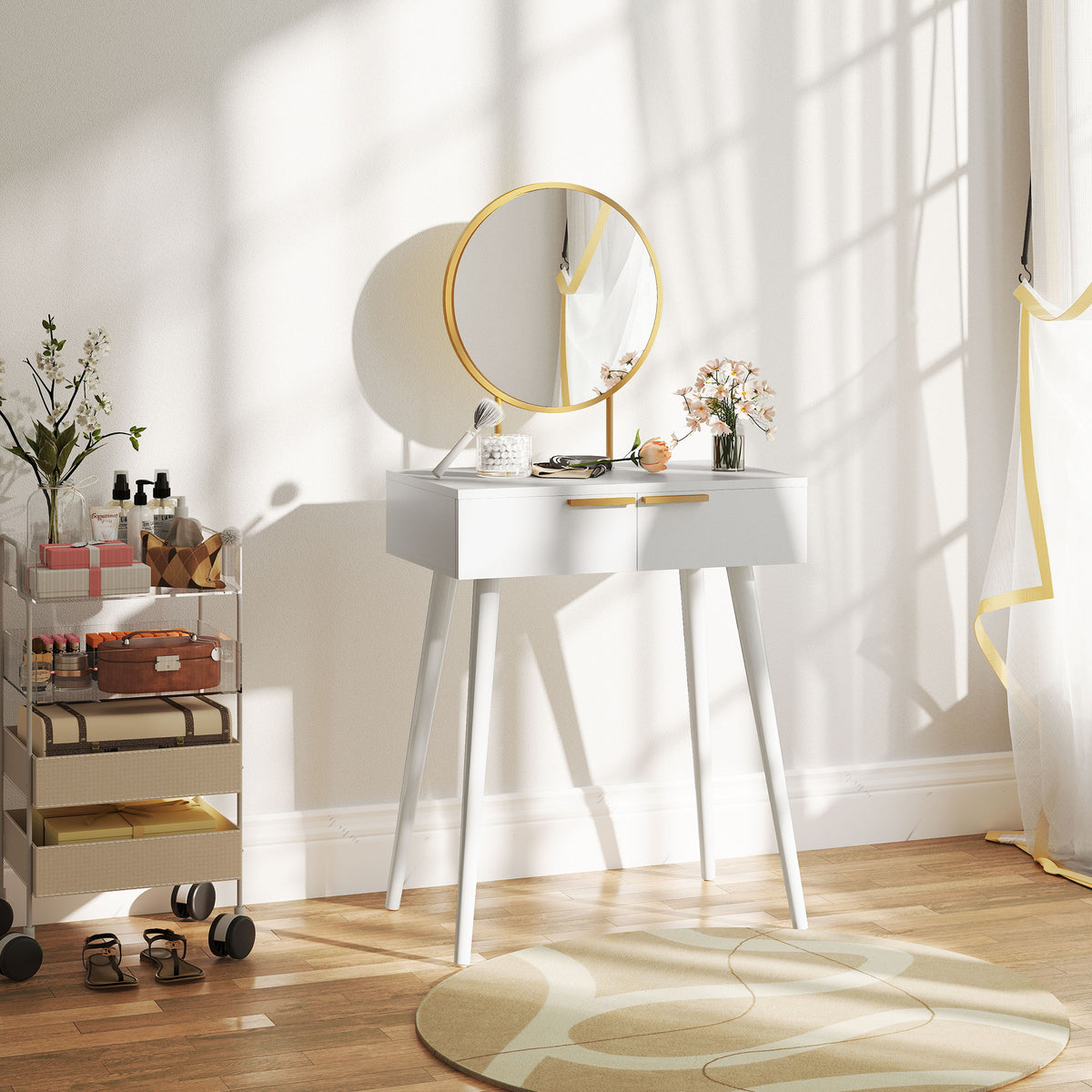White dressing table with round mirror and gold handle with storage drawers