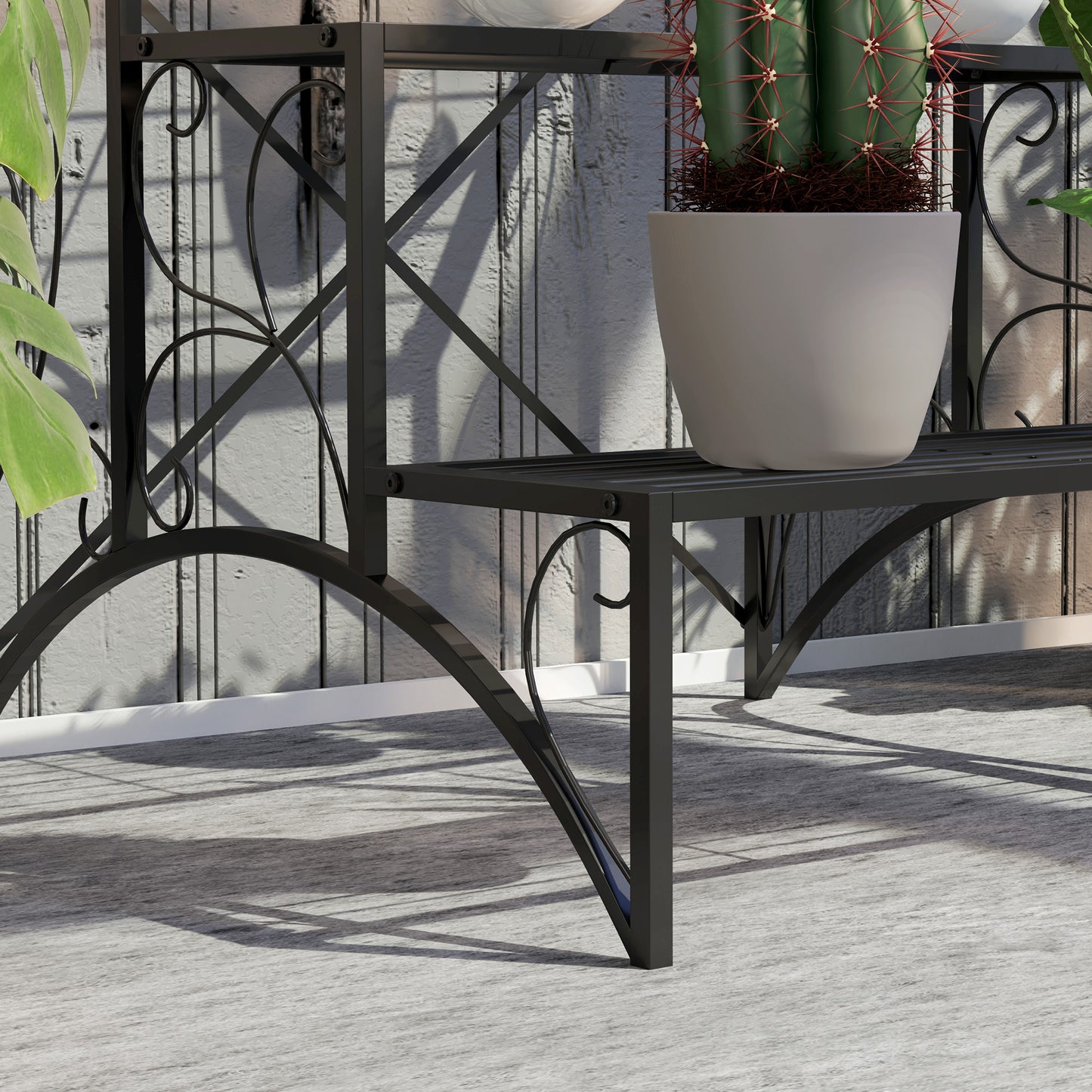 Outsunny Three Tier Decorative Metal Plant Stand Black Indoor Outdoor Garden Display