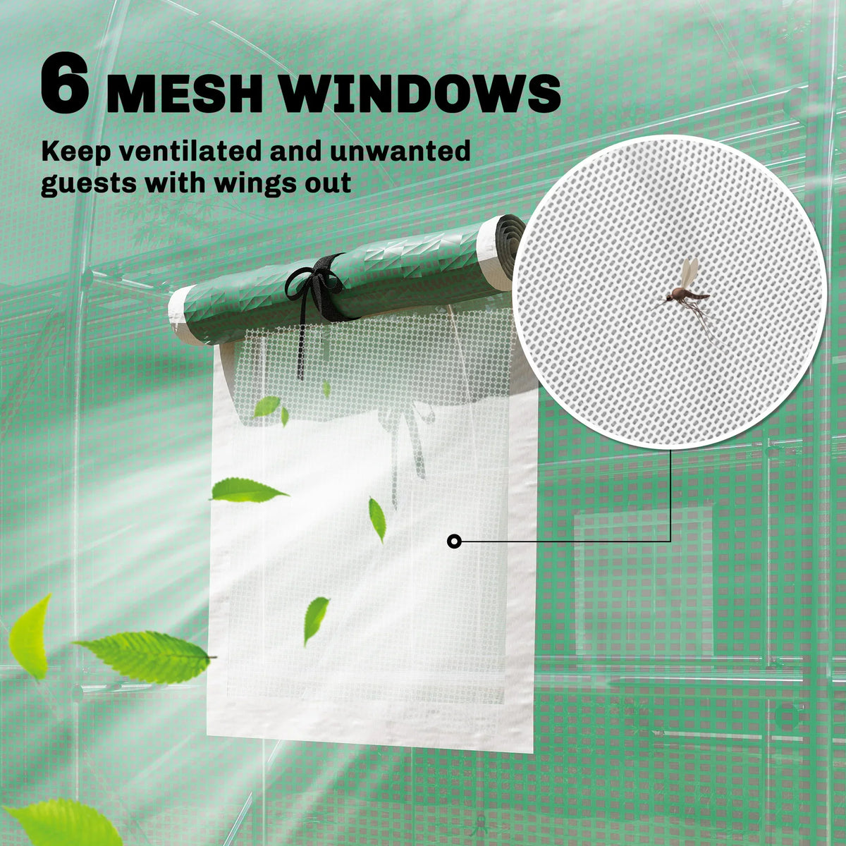 Green greenhouse mesh window with screened opening for ventilation
