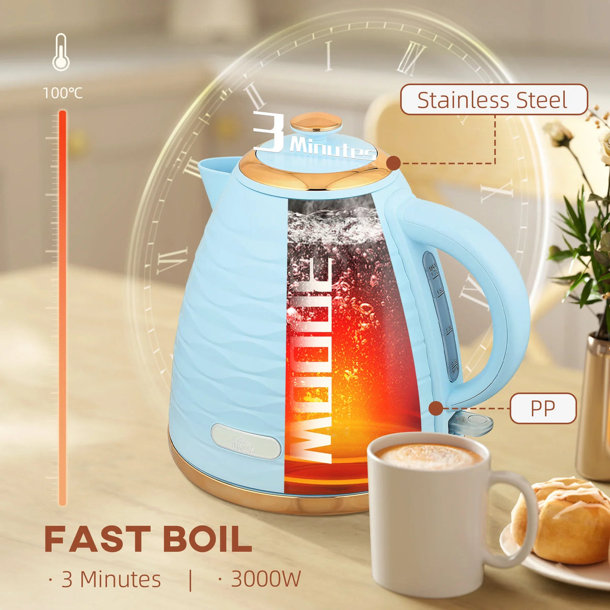 Light blue electric kettle with gold lid, steaming boil graphic and cup of tea on right.