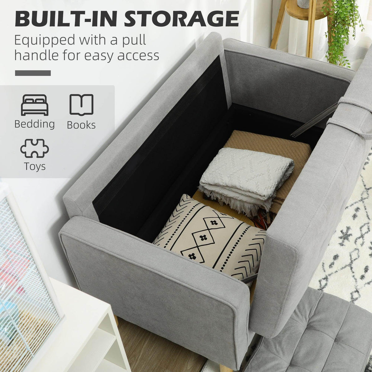 Light grey loveseat sofa with built-in storage compartment and pull handle under seat
