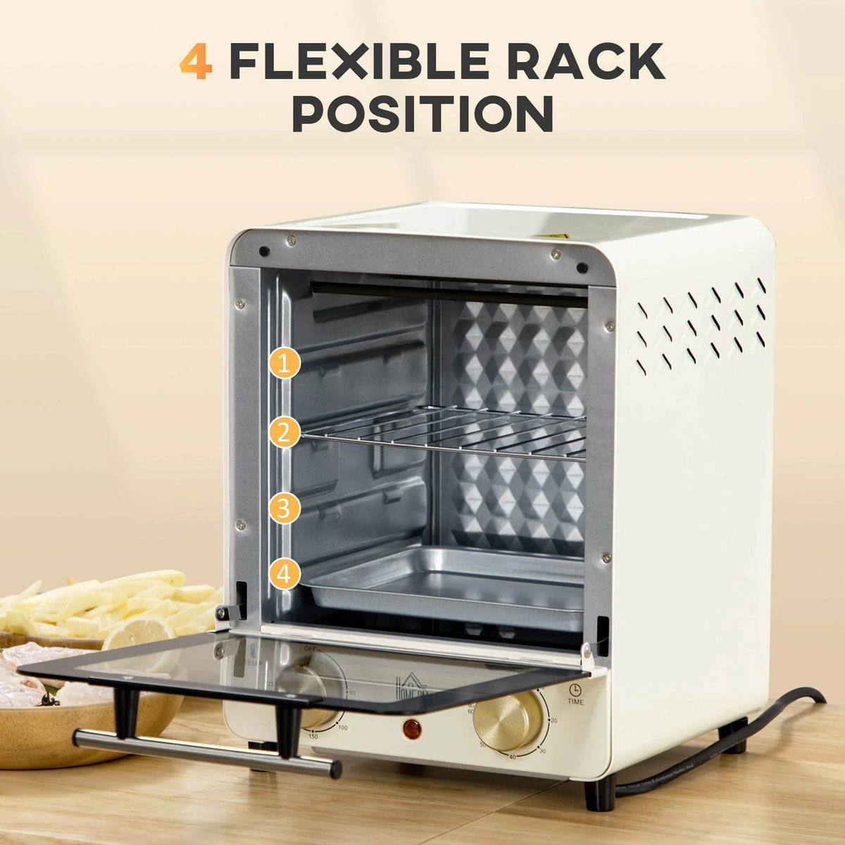 Cream white mini convection oven with wire rack and flexible height rack positions