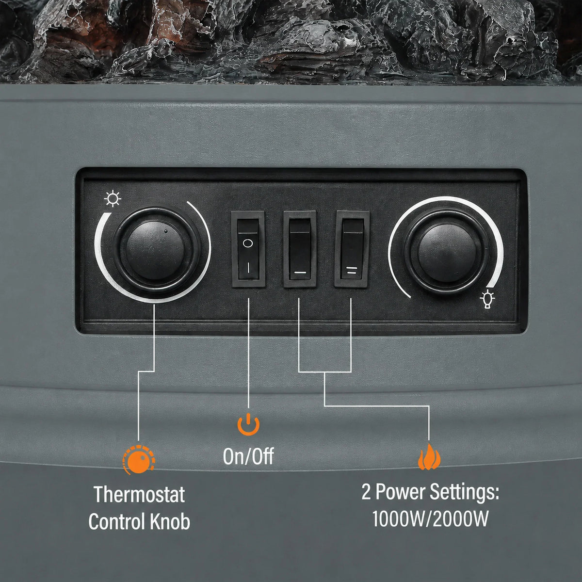 Grey electric fireplace heater control panel with thermostat and power settings knobs