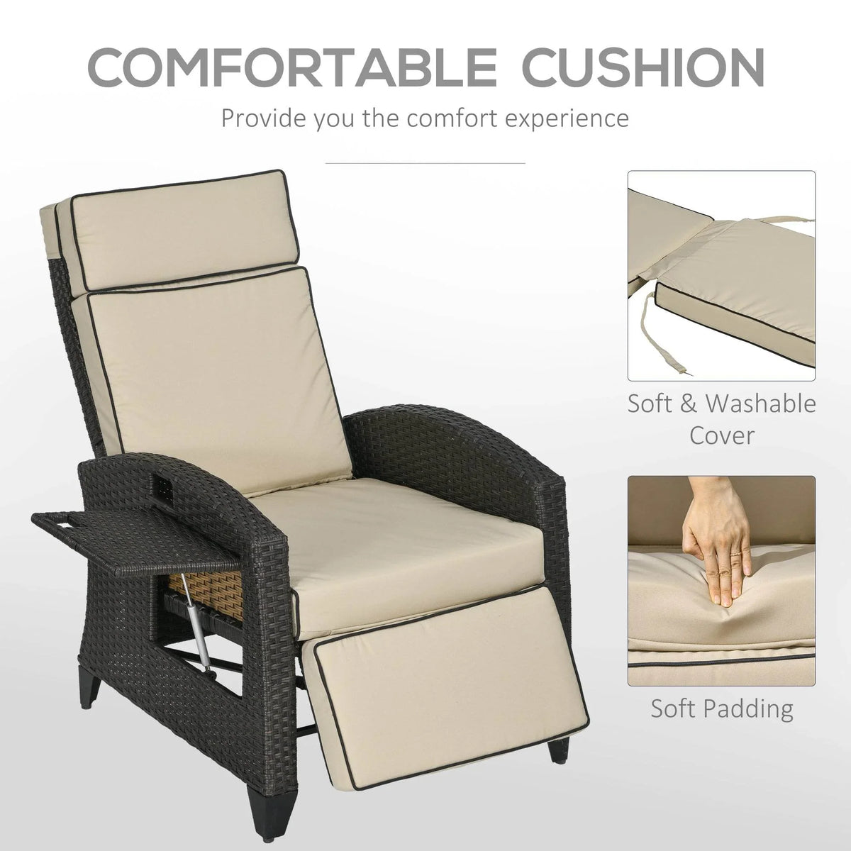 Outdoor recliner chair with thick beige cushions, soft washable cover, dark brown wicker
