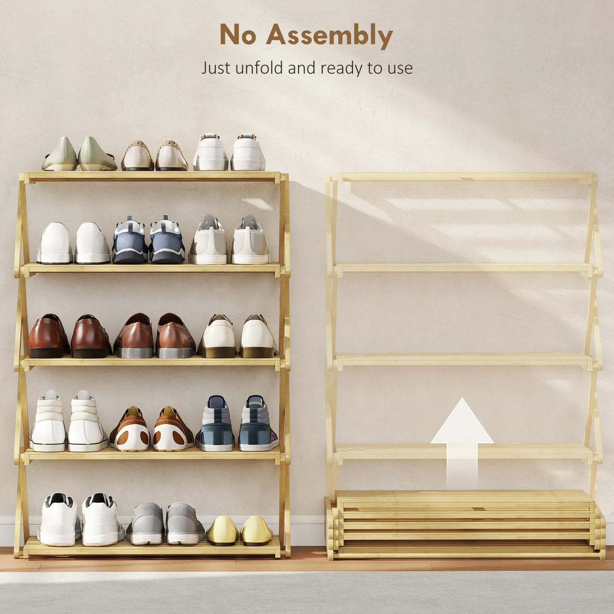 Natural bamboo five-tier shoe rack with open frame and stacked shoe shelves, no assembly
