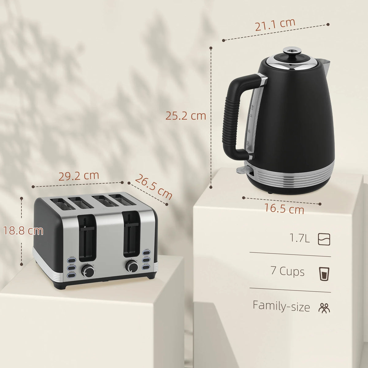 Black toaster and 1.7L kettle with size measurements shown on display