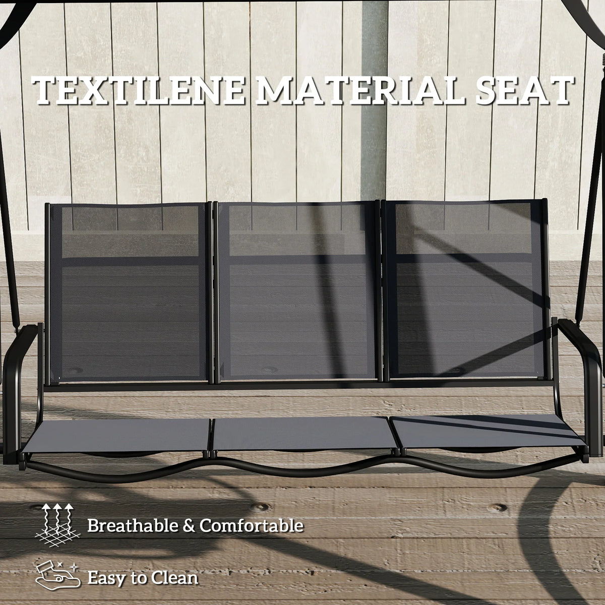 Grey breathable mesh swing seat panel with foldable dividers, for 3-seater bench
