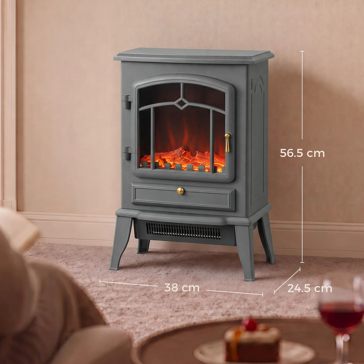 Grey electric fireplace stove heater with front glass window and LED flames