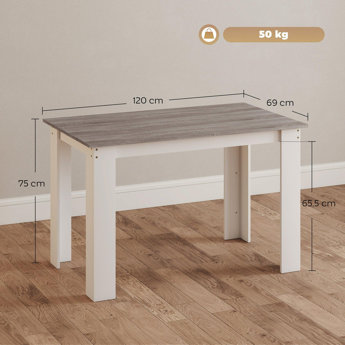 Wood-effect grey dining table, four legs, measured dimensions shown