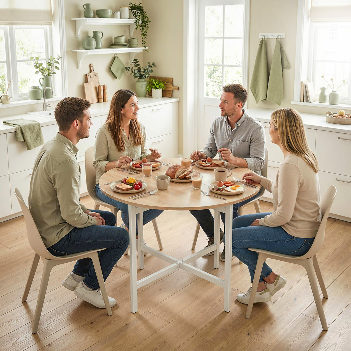 Natural wood round dining table with white legs, seating group of four
