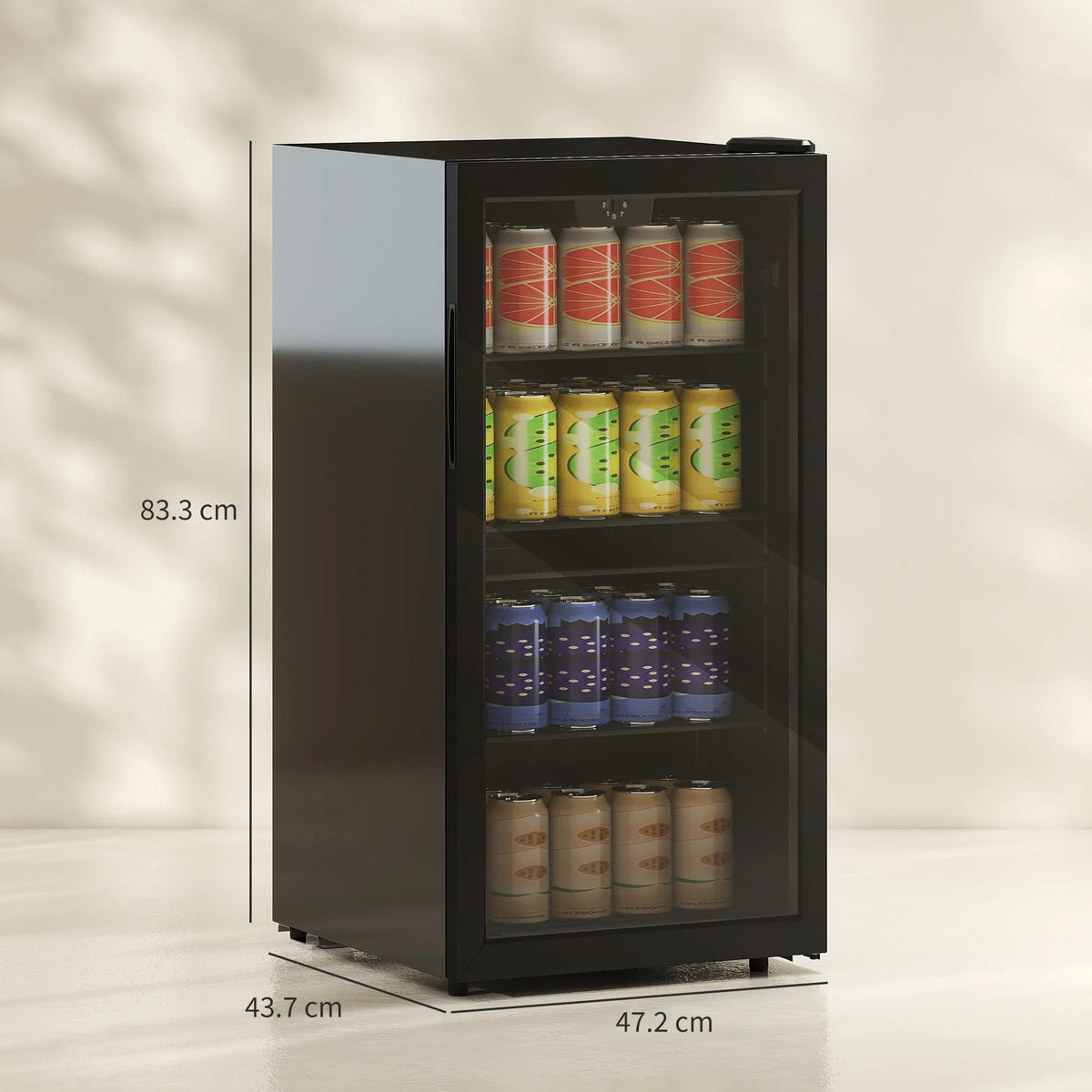 Black freestanding drinks fridge shown front view with glass door and LED-lit interior.