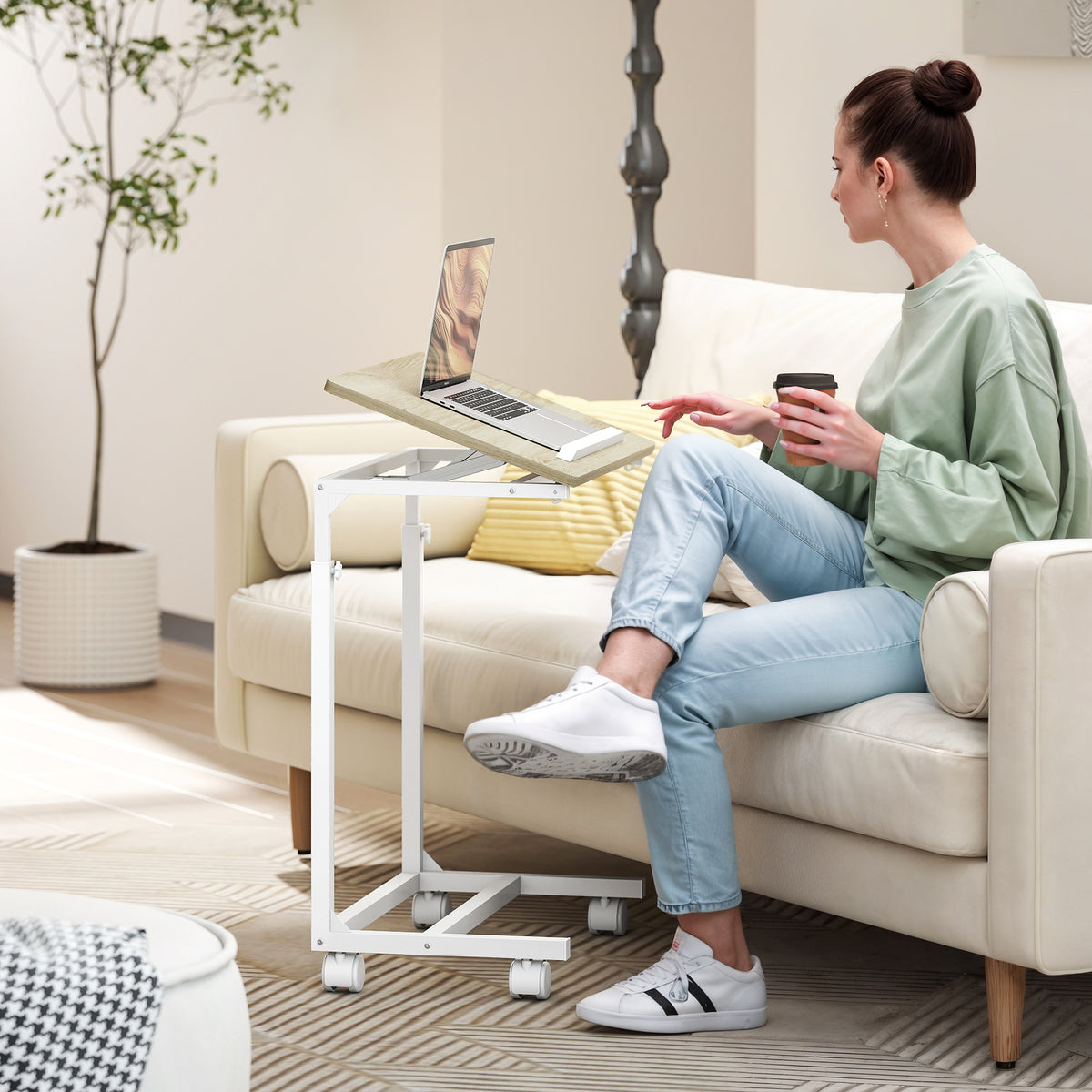 Height-adjustable mobile laptop side table with tilting desktop, white frame, light wood top