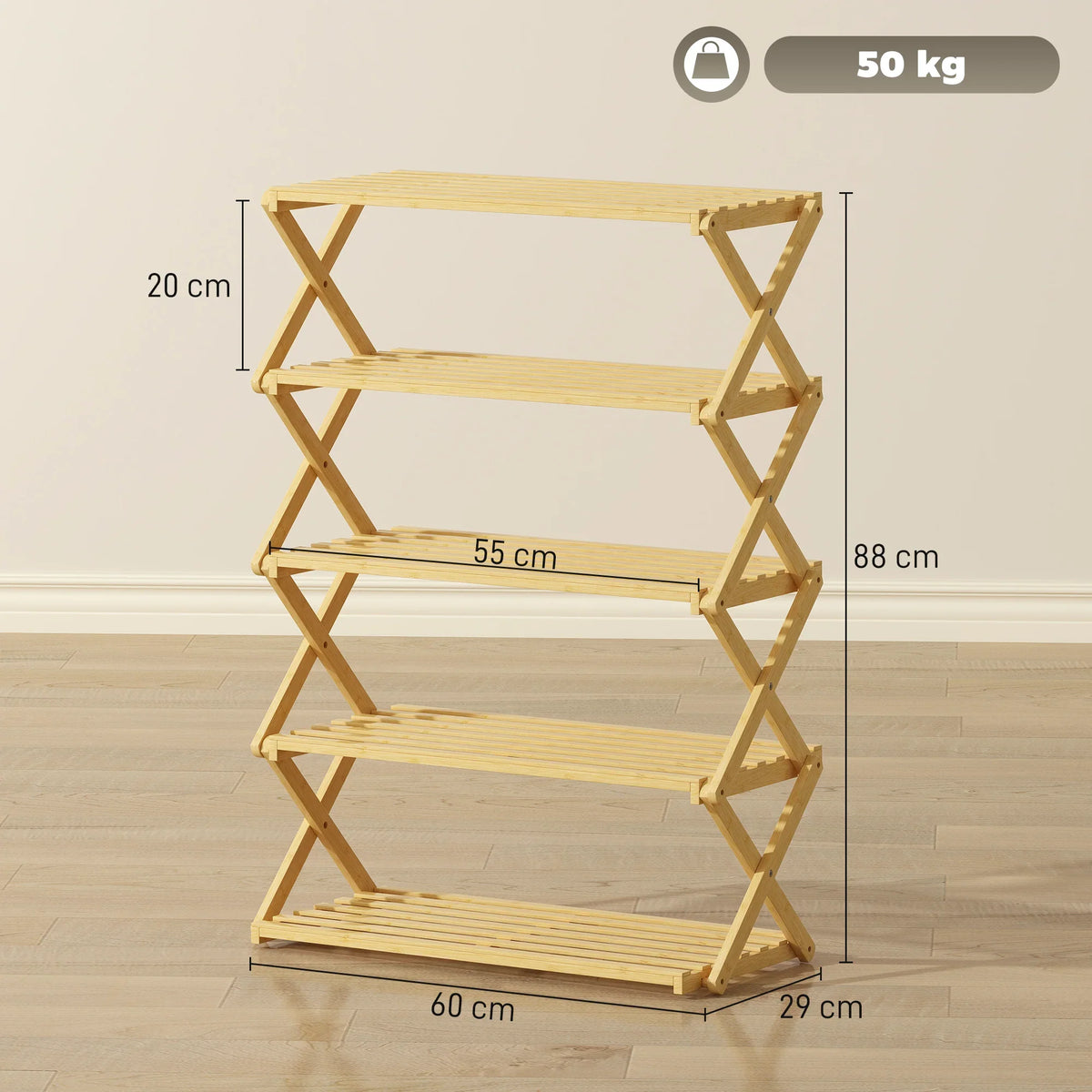 Five-tier bamboo shoe rack with folding design, shown with height and width dimensions