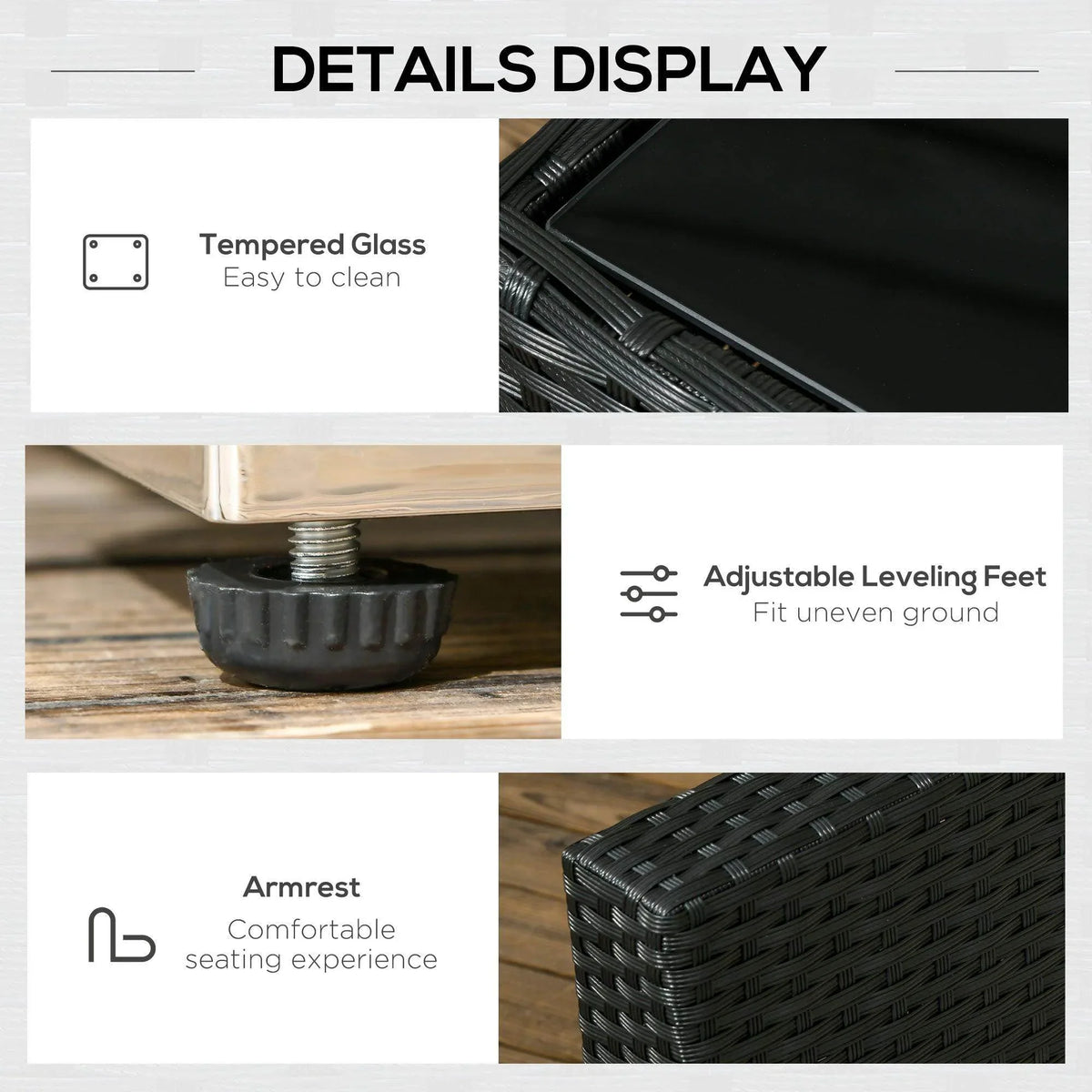 Black rattan furniture details: tempered glass top, adjustable leveling feet, armrest
