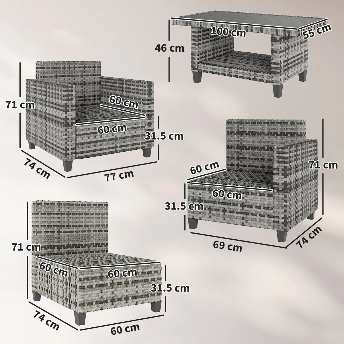 Light grey modular rattan sofa set with coffee table, shown with size measurements