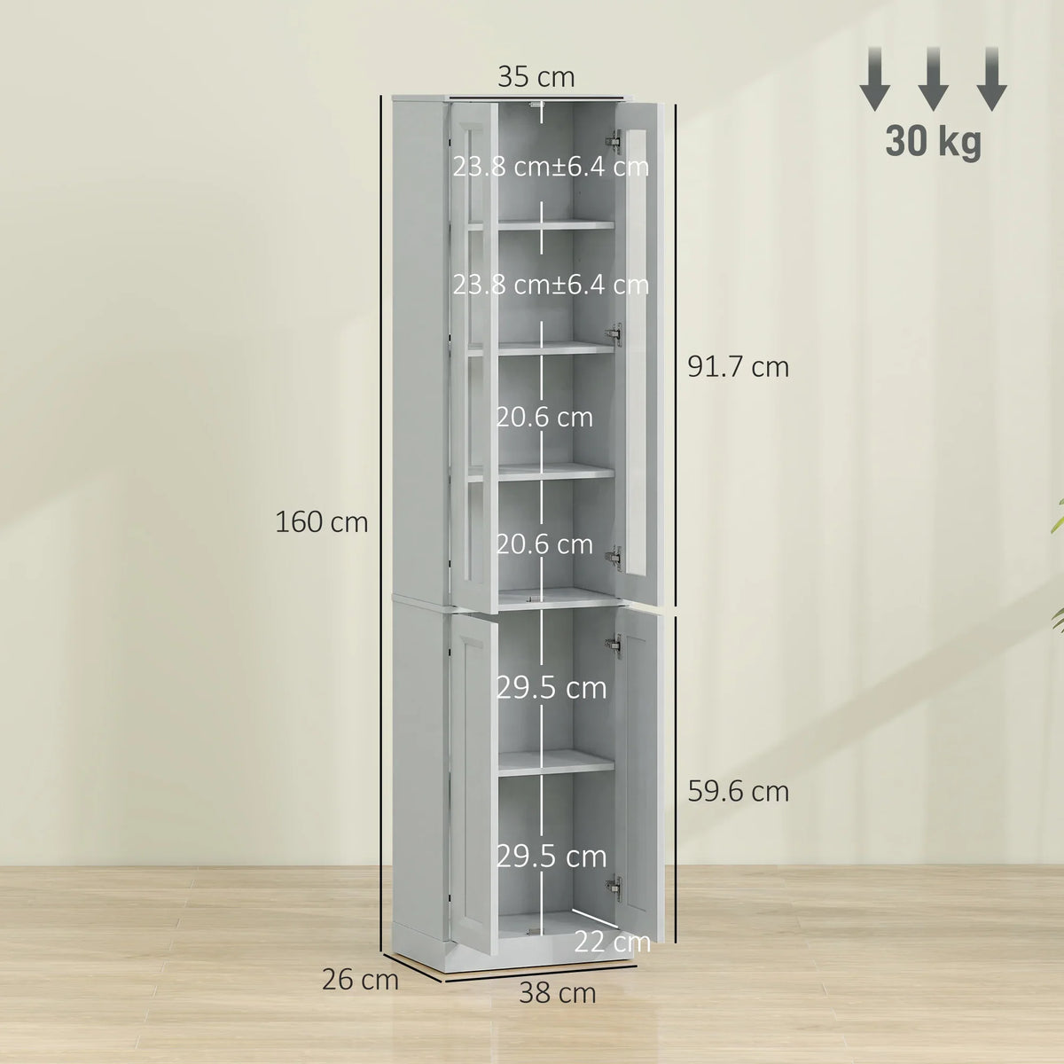 Tall slim bathroom cabinet dimensions view, 6-tier interior with adjustable shelves