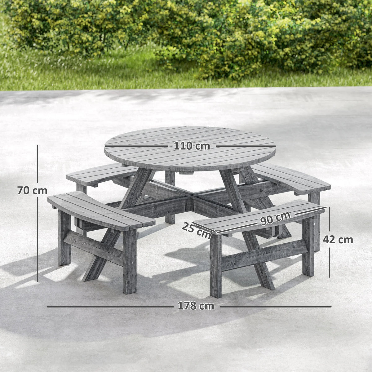 Gray 8-seat picnic table set with round tabletop and attached bench seating