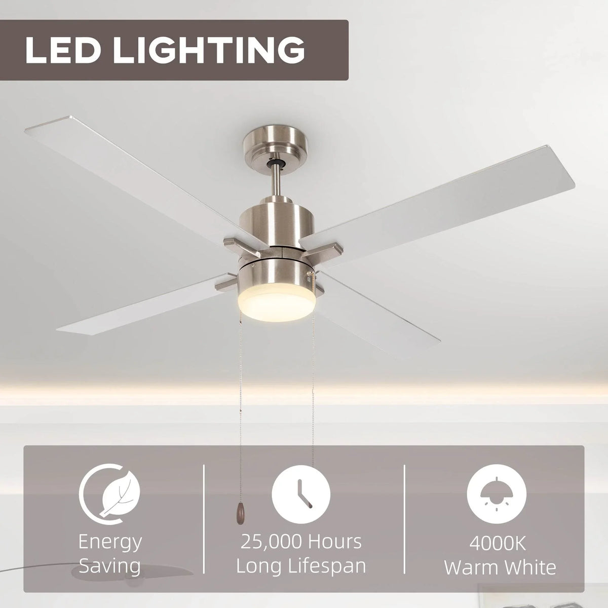 LED ceiling fan with brushed silver finish, circular light dome