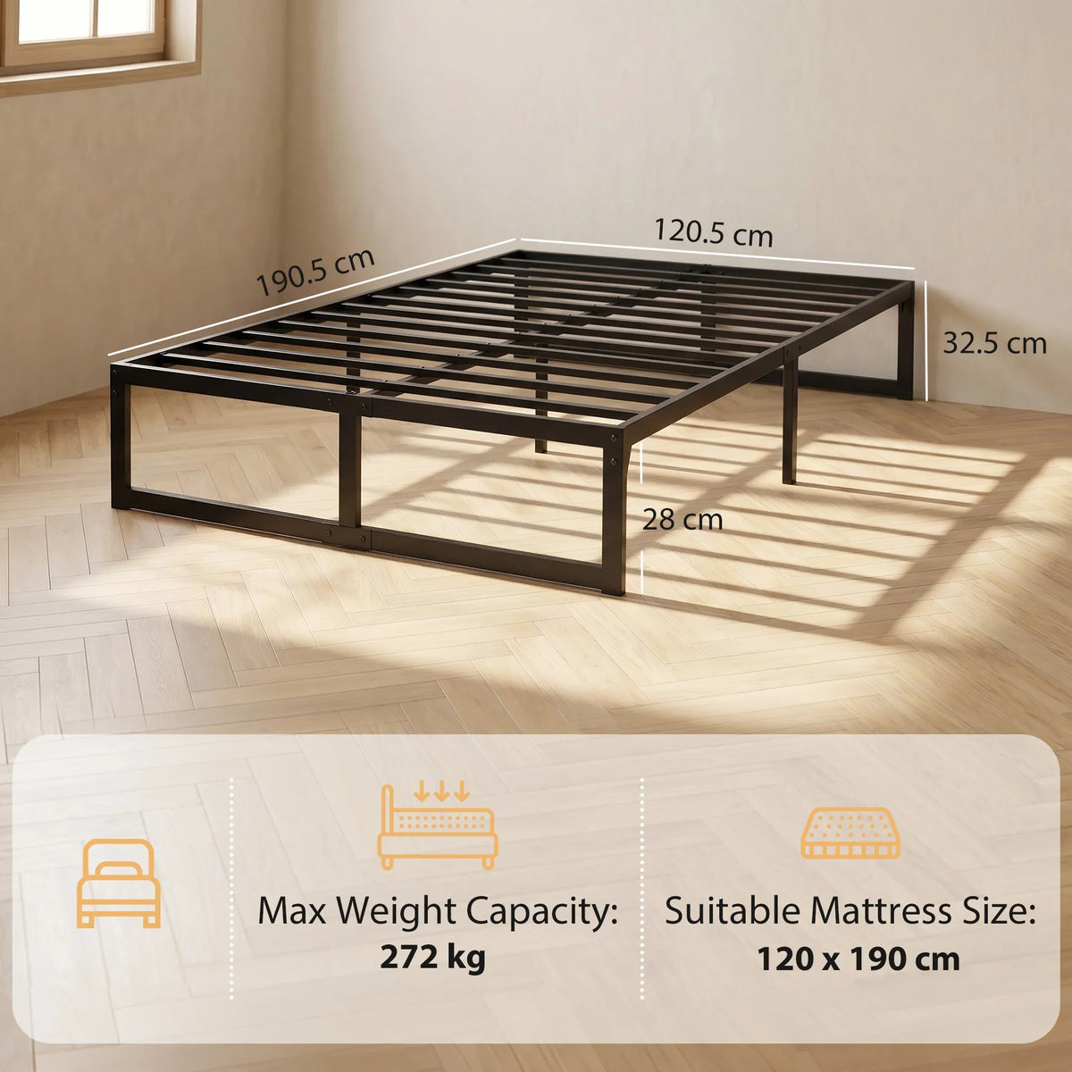 Black bed frame base with steel slats and open underbed storage rails