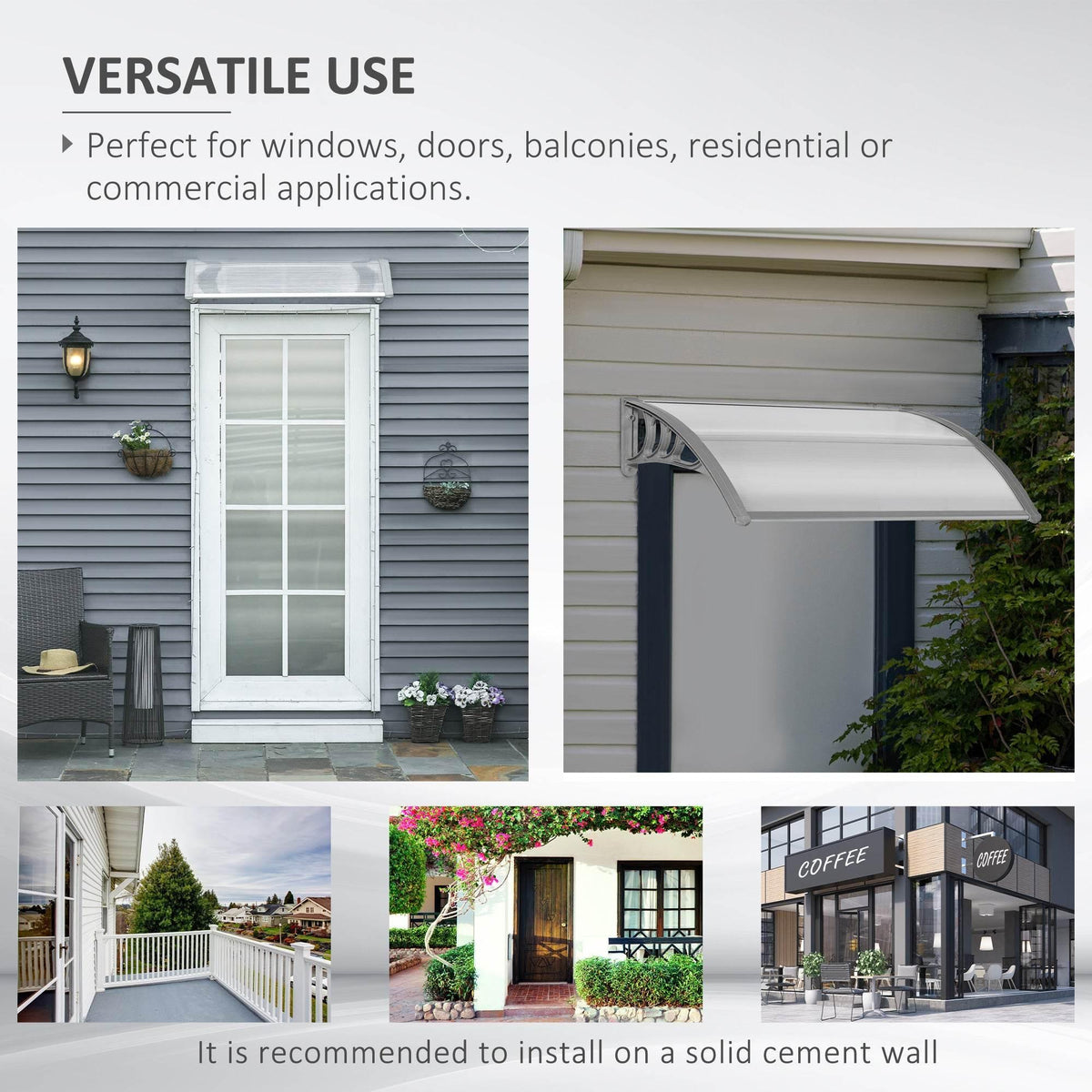 Clear door canopy awning installed over exterior doorways and balcony entrances