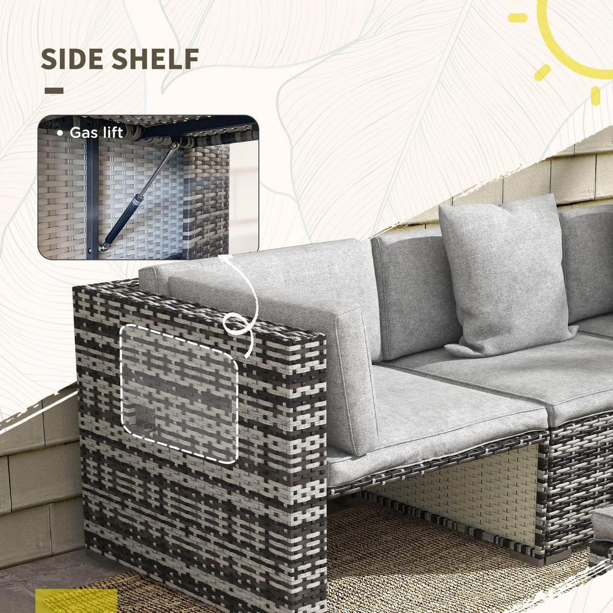 Grey rattan patio sofa with side storage shelf compartment and lifting support, with seat cushions