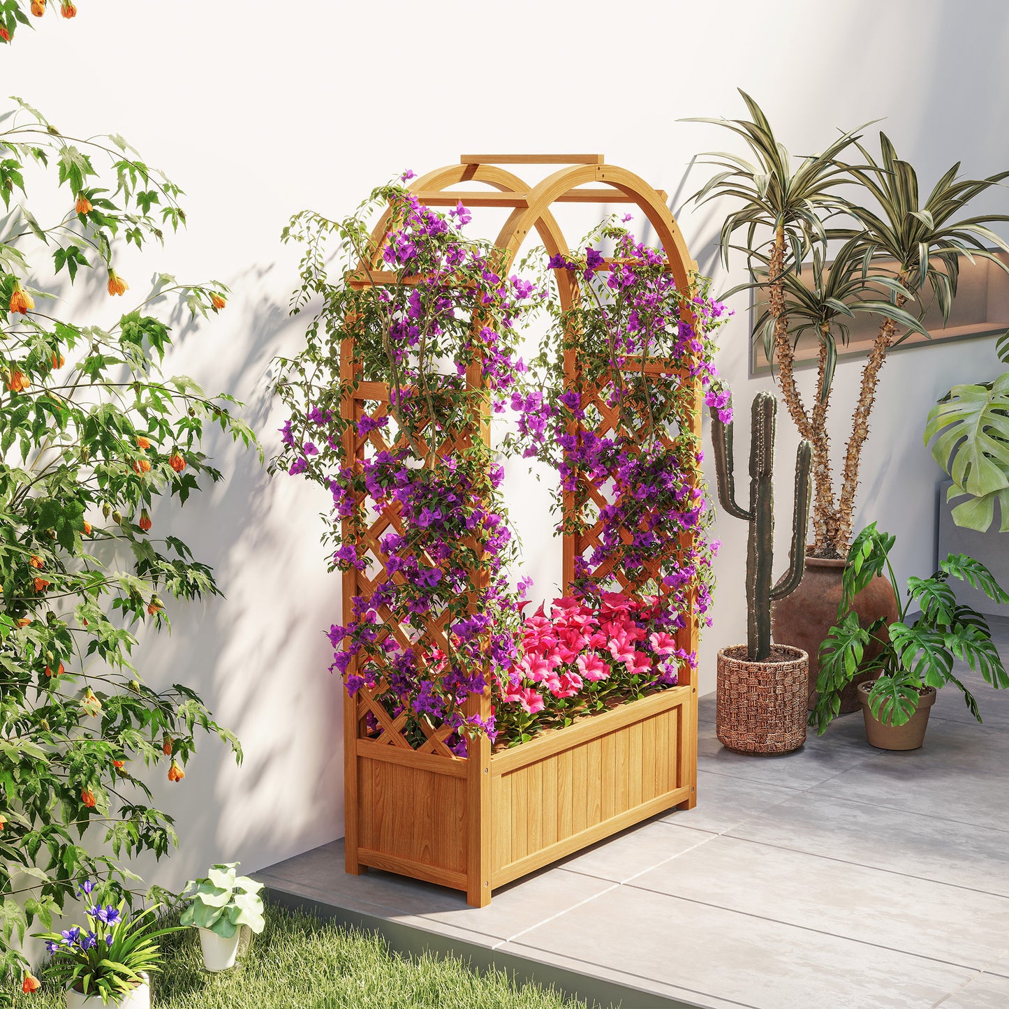 Outsunny Wooden Raised Garden Bed with Trellis Liner and Drainage Holes for Vine Climbing Plants 83 x 36 x 145 cm