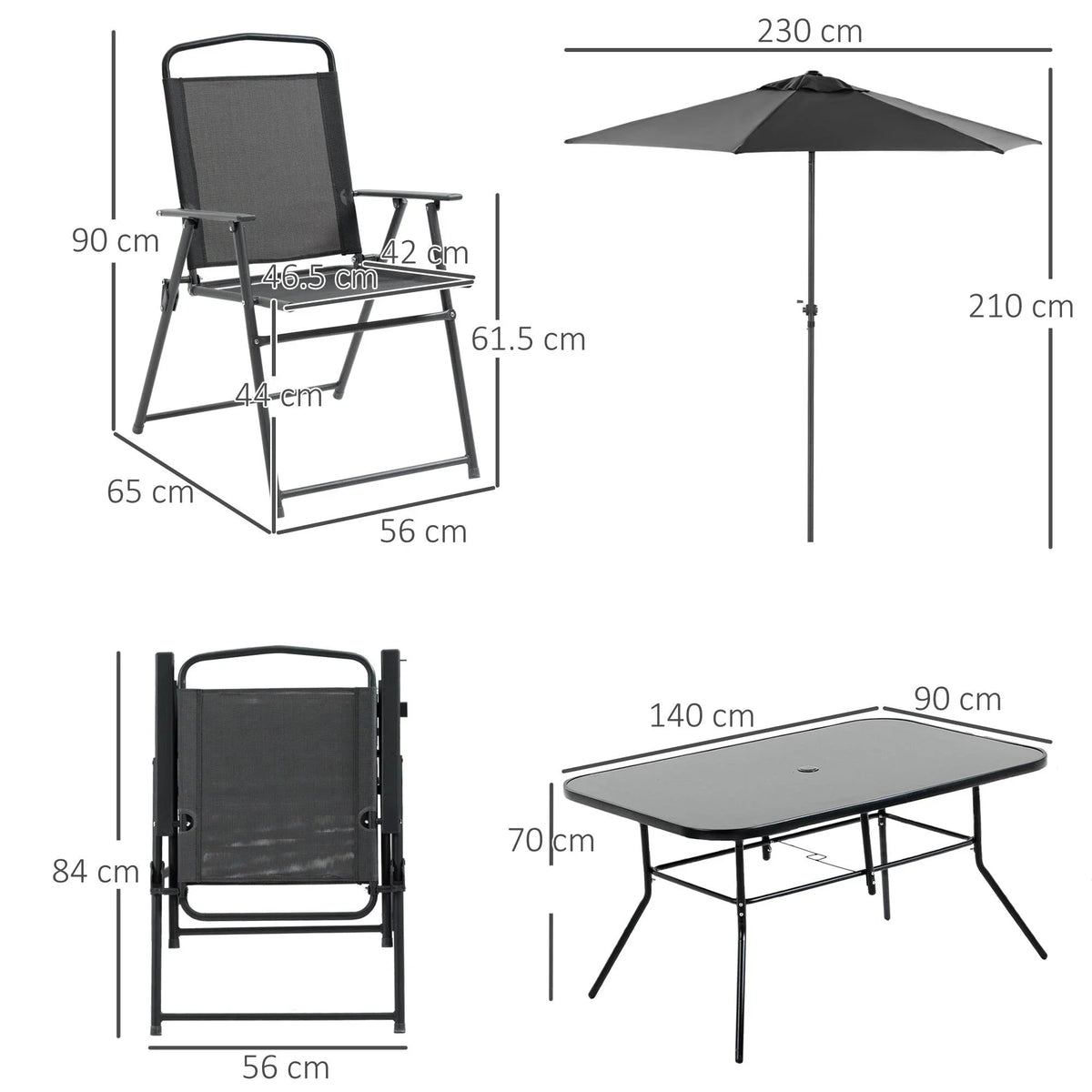 Black folding chairs, outdoor table with parasol, shown with size dimensions