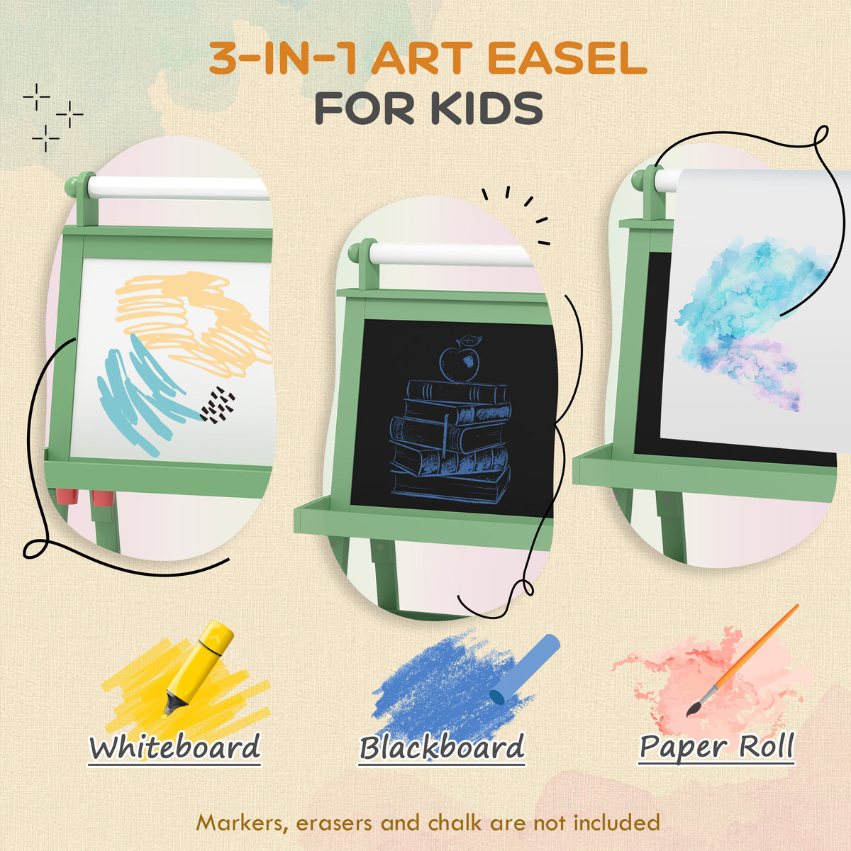 Green kids art easel with whiteboard, blackboard, and paper roll holder