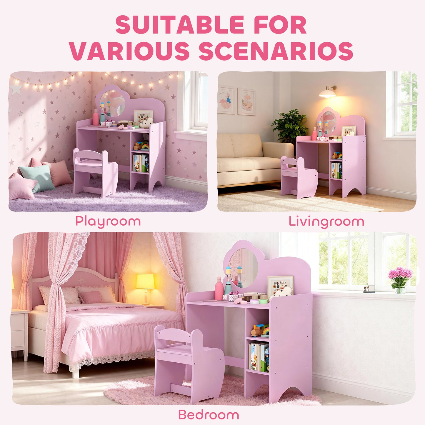 AIYAPLAY Kids Dressing Table With Mirror And Stool Vanity Table With Shelves For Ages 3 To 8 Purple