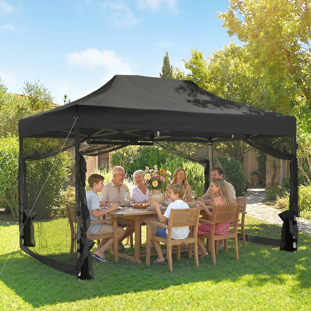 Black pop-up gazebo with mesh walls, open front, and covered canopy for outdoor gatherings