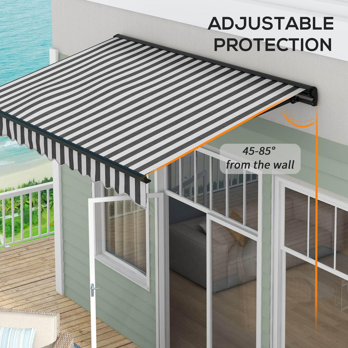 Retractable striped awning with dark cassette over a window and entry doors