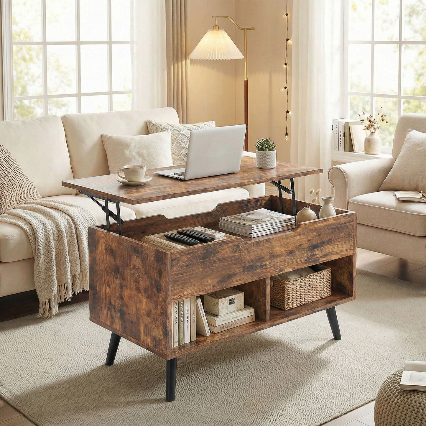 HOMCOM Lift Top Coffee Table With Hidden Storage For Living Room And Metal Legs 75 cm Rustic Brown