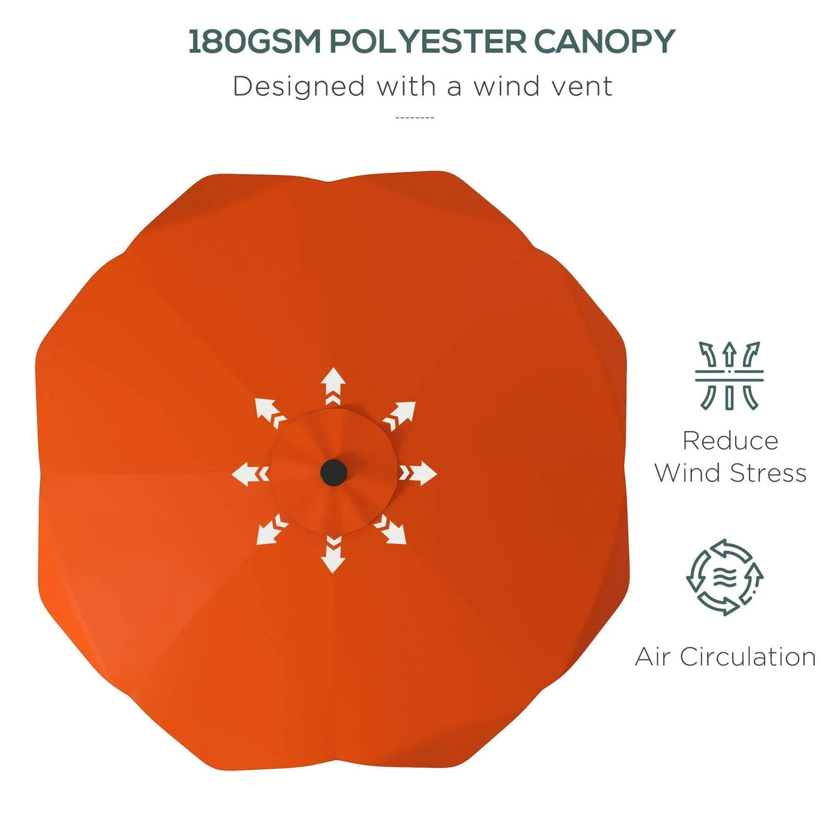Orange polyester patio umbrella canopy with center air vent opening