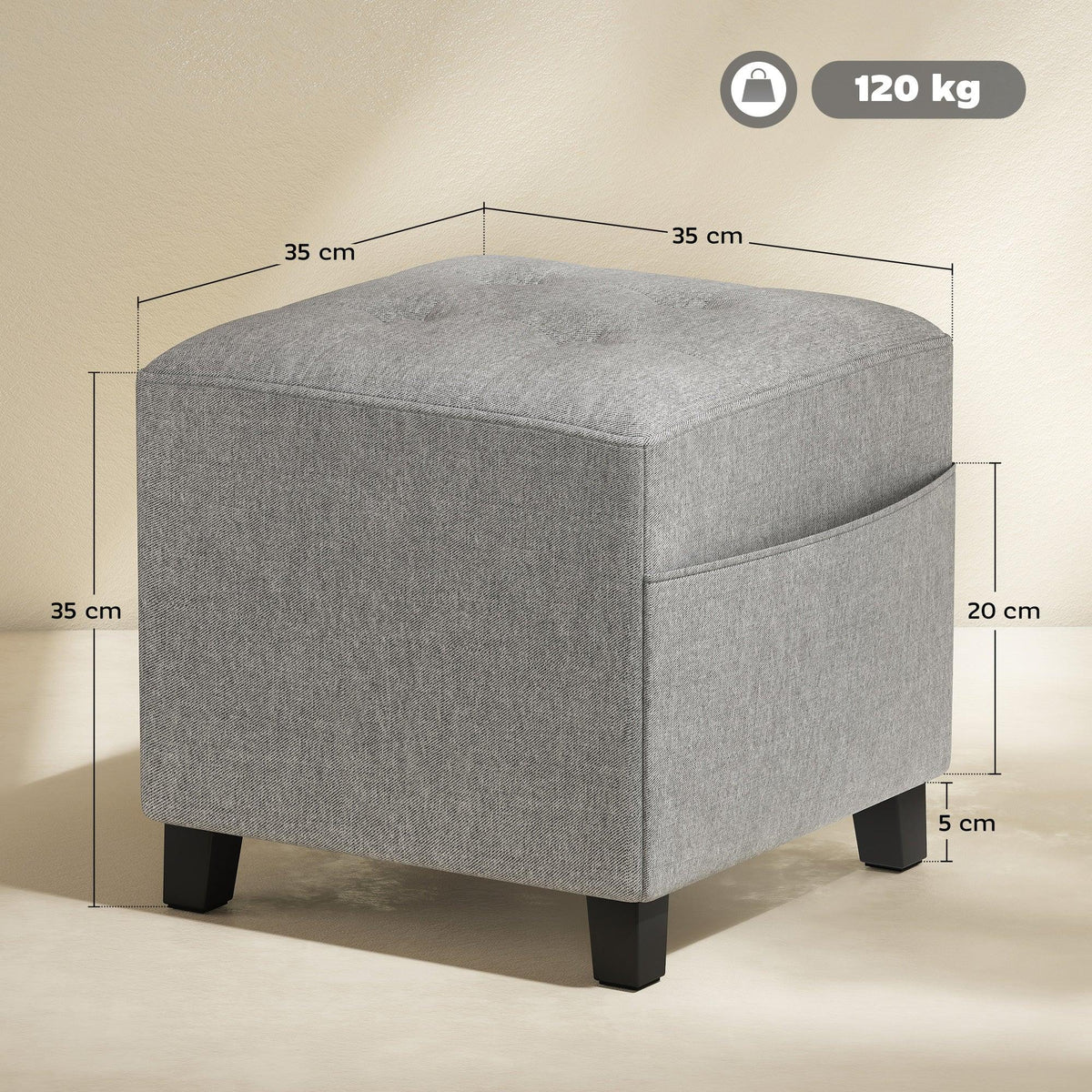 Light grey square ottoman footstool with padded lid and four black legs