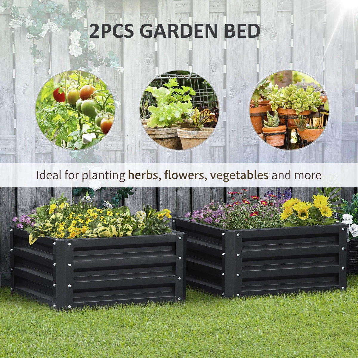 Two raised garden planter boxes in dark grey with horizontal slats and open tops