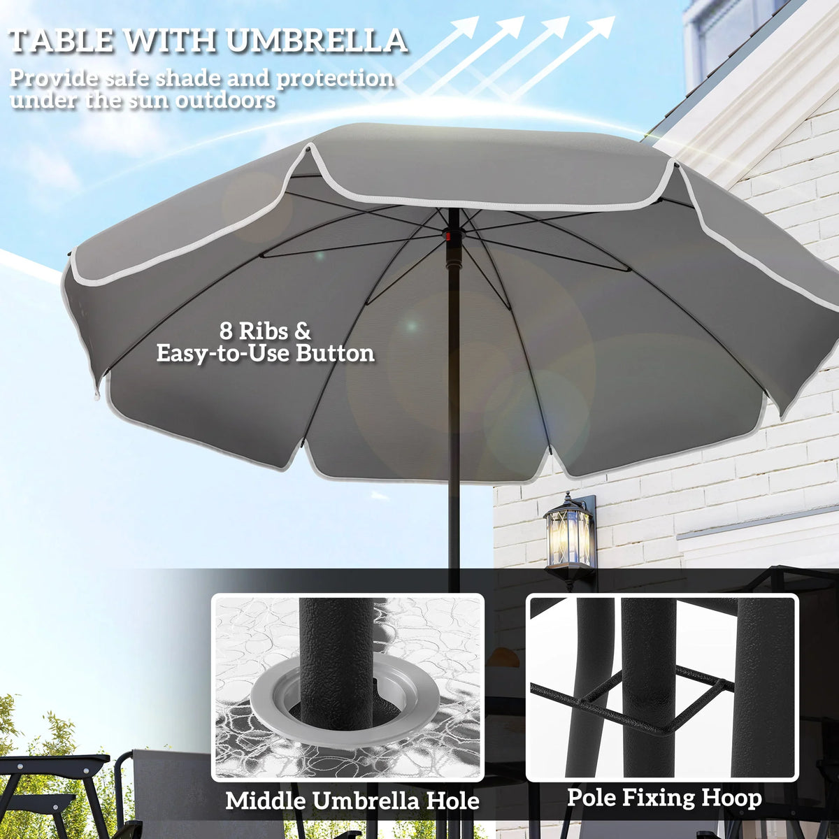 Grey patio umbrella canopy with eight ribs and center pole
