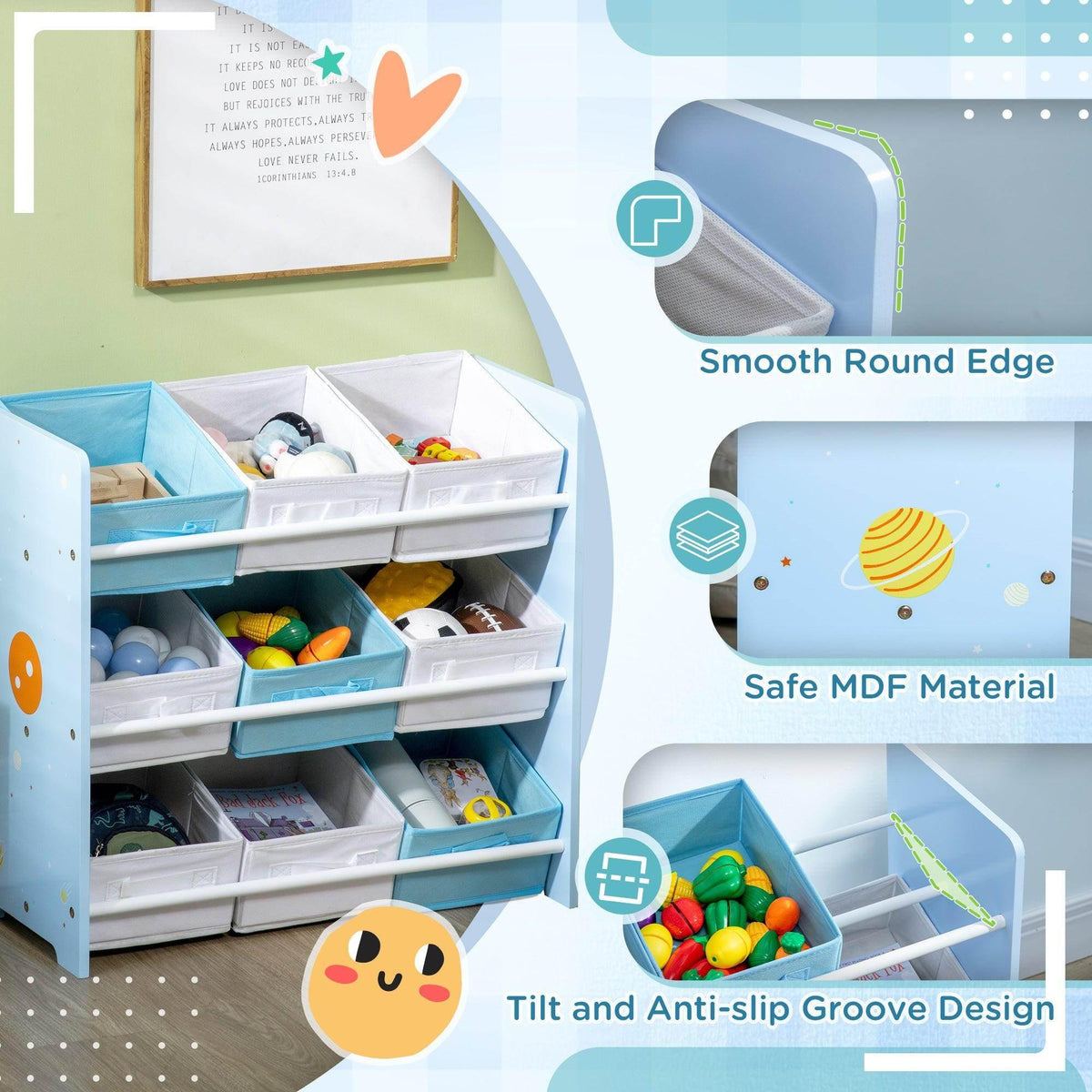 Kids blue bed with open front storage cubbies and removable toy bin organizer