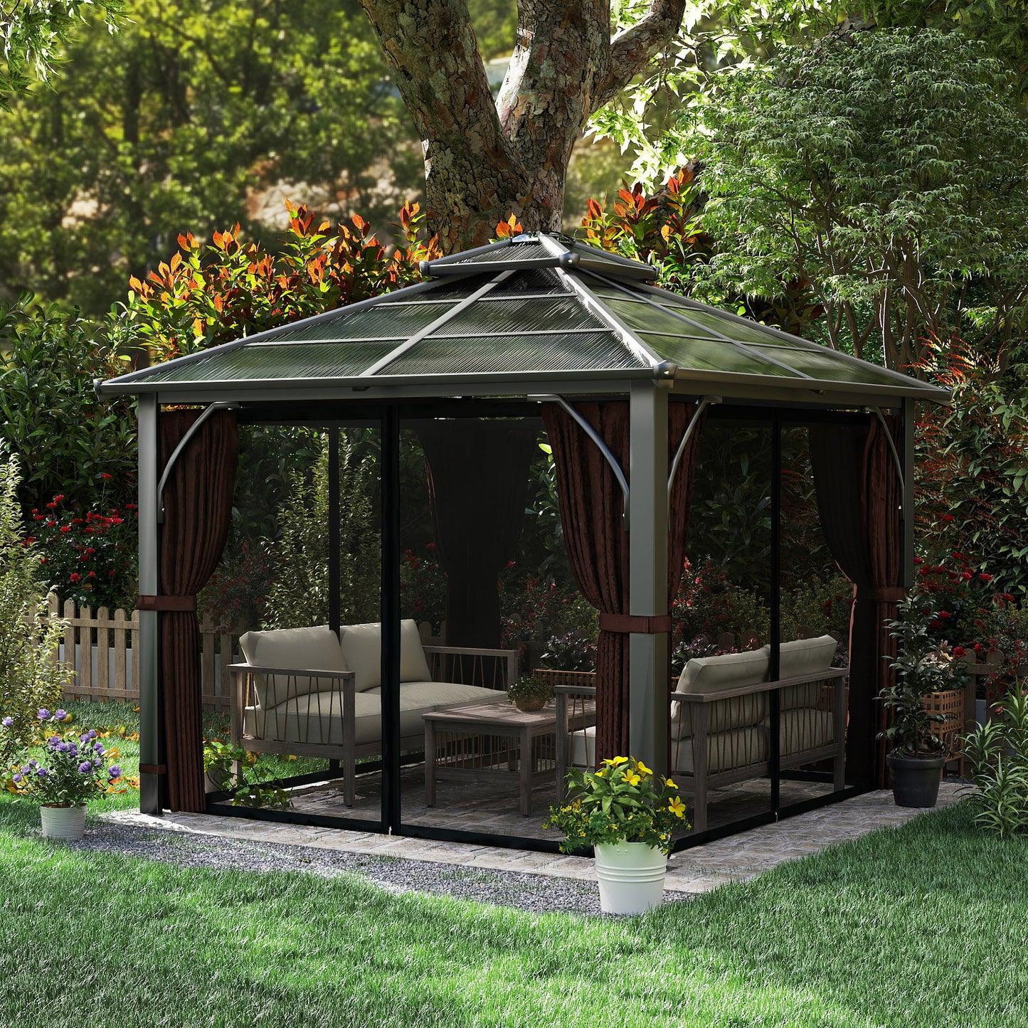 Outsunny 3x3m Hardtop Gazebo With 7mm Polycarbonate Double Tier Roof Garden Patio Mosquito Netting Curtains Brown