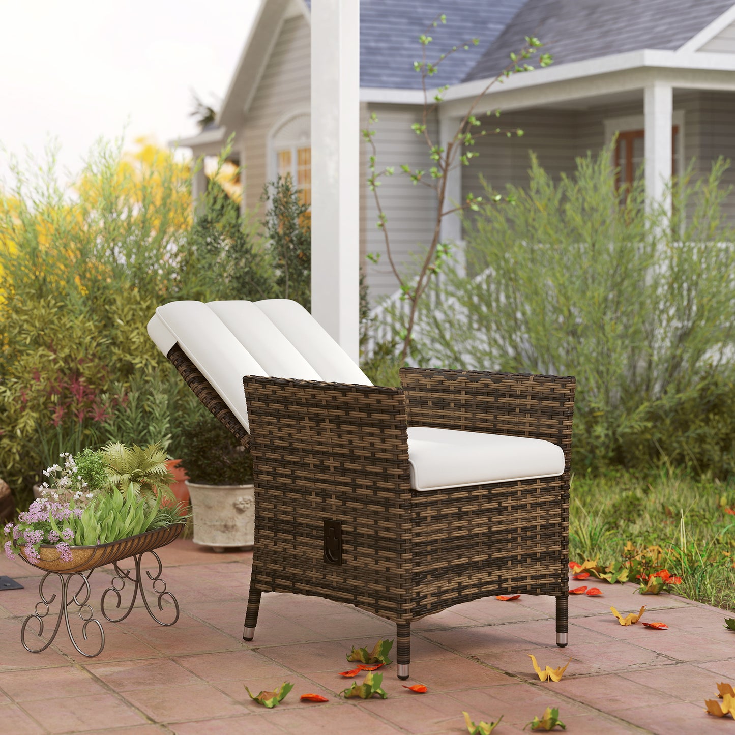 Outsunny Cream Reclining Rattan Chair With Adjustable Back 105 To 150 Degrees Cushioned Seat
