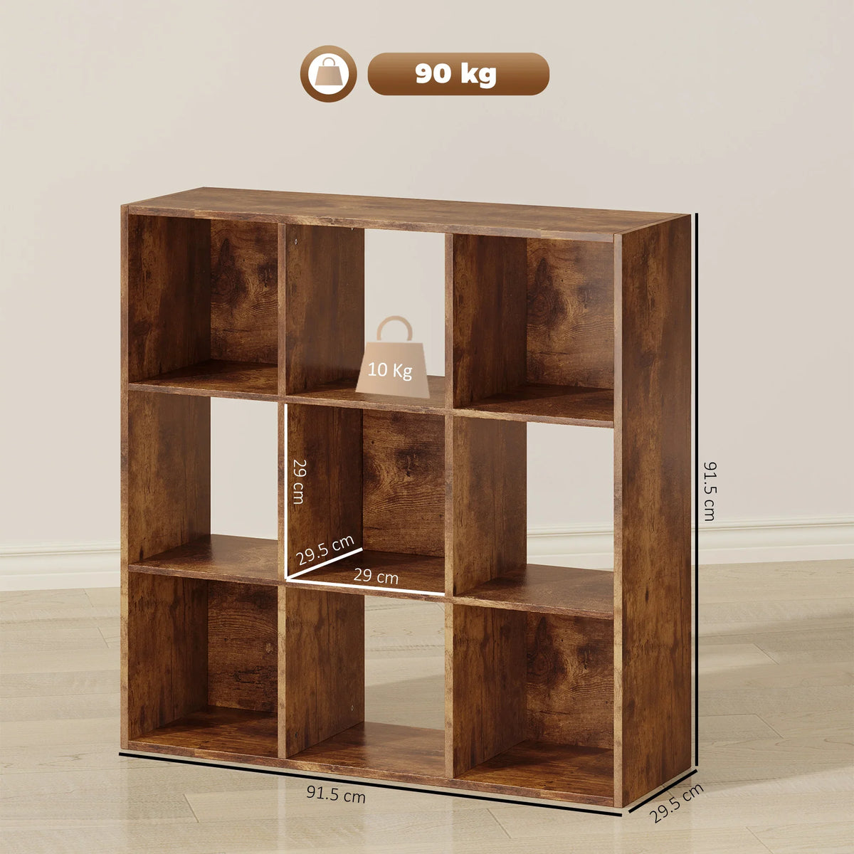 Rustic brown 9-cube storage unit with open square compartments and flat base