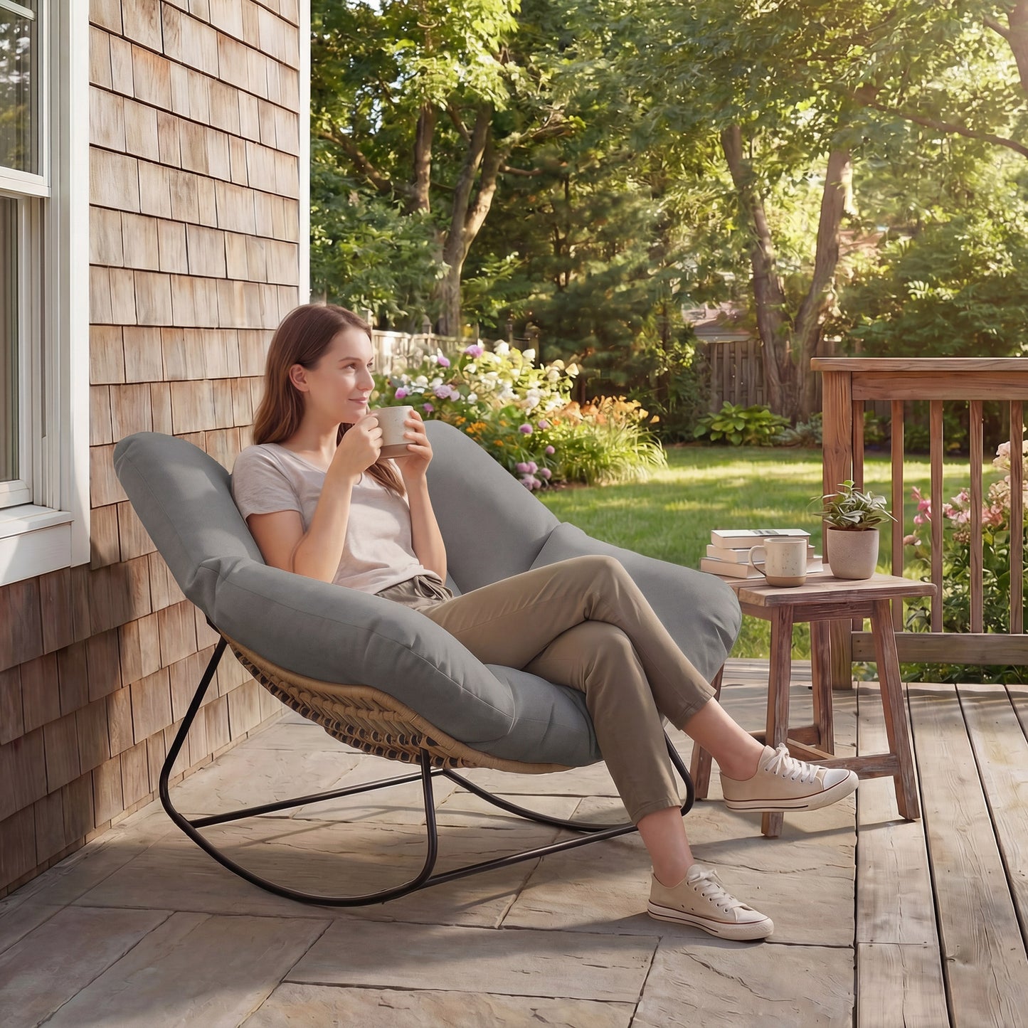 Outsunny Oversized Indoor Outdoor Rocking Egg Chair with Cushion Grey for Living Room Garden Patio