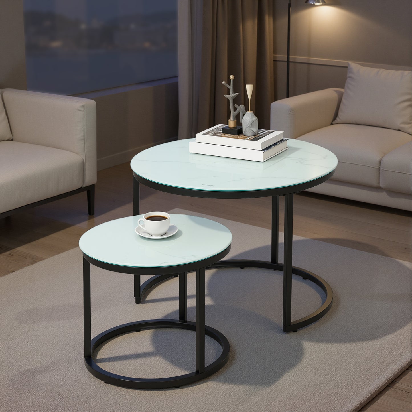 HOMCOM Glass Coffee Table Set Of 2 Nesting Tables With Marble Effect Tempered Glass Tabletops And White Steel Frame