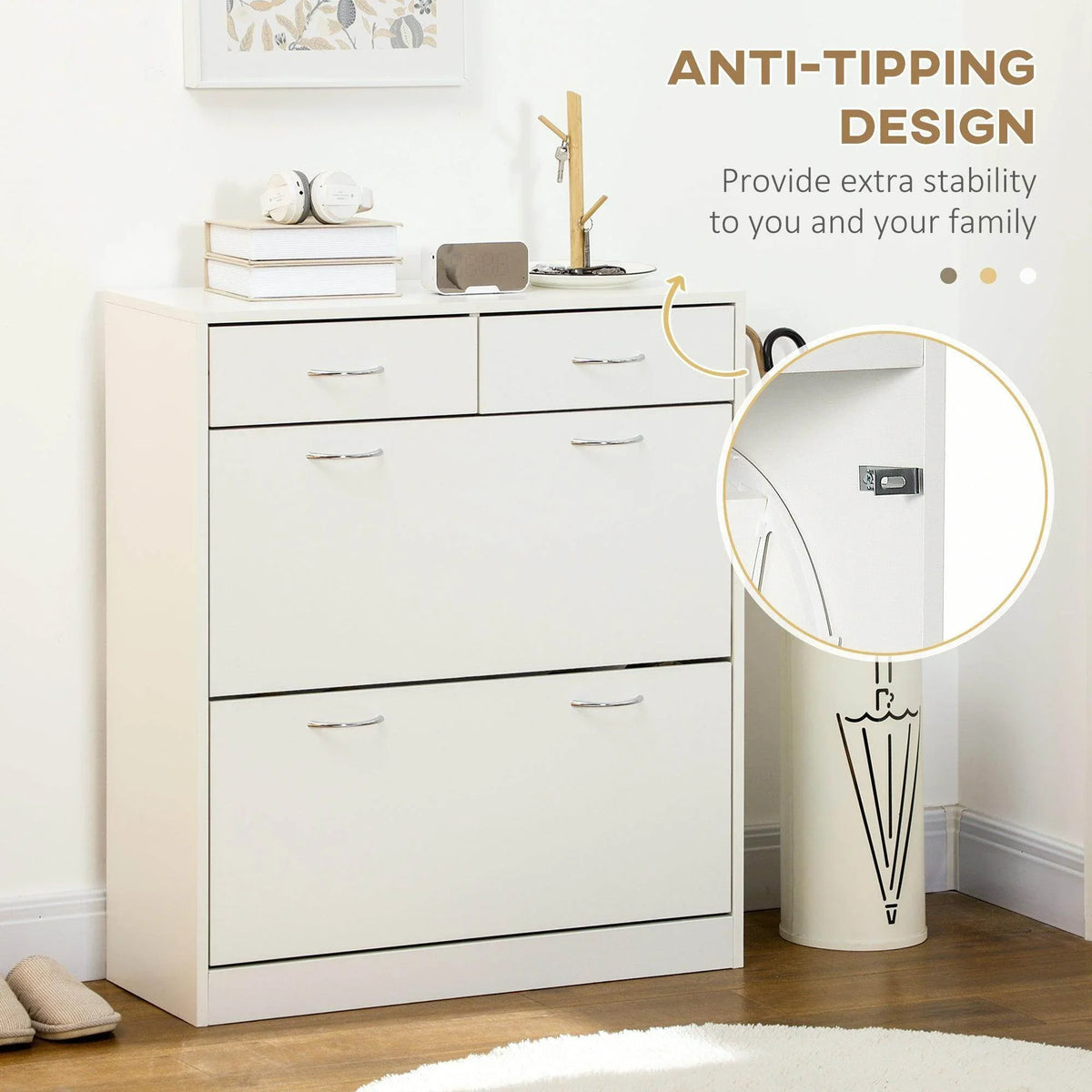 White narrow shoe cabinet with flip drawers and built-in anti-tip safety design