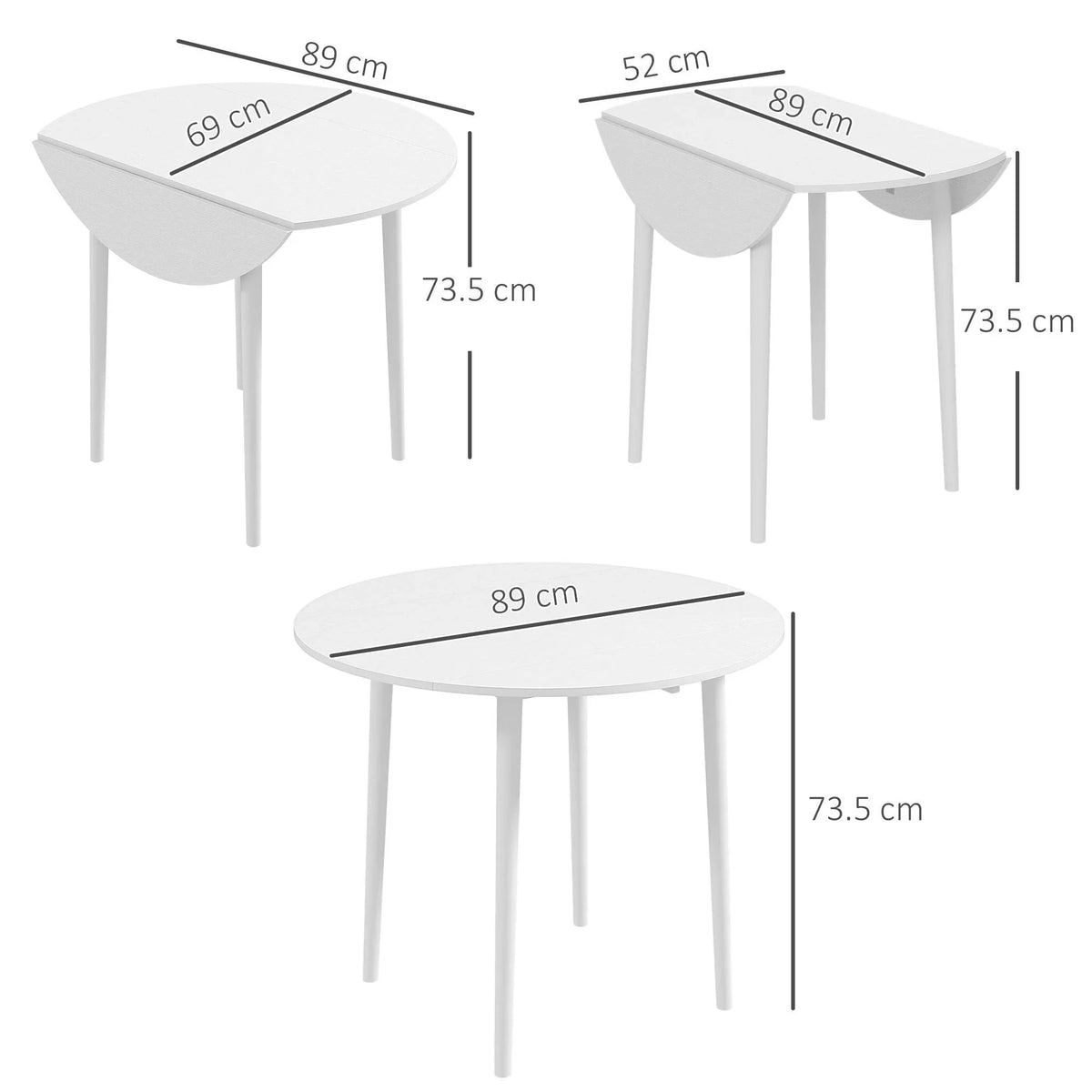 White drop-leaf round dining table with leg design shown with measurements