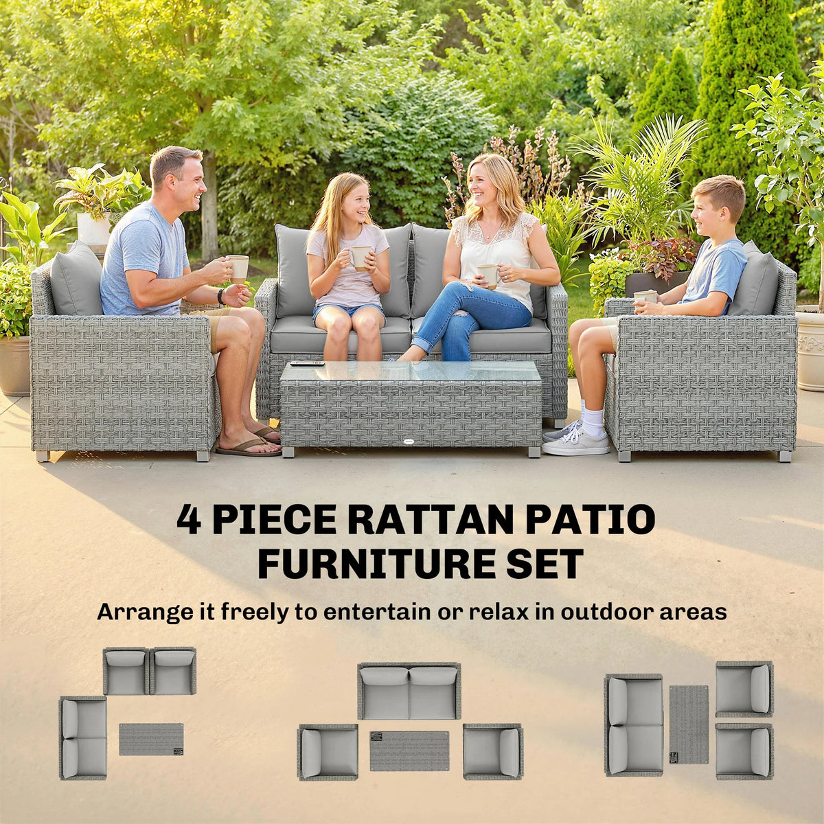 Grey rattan patio furniture set with loveseat, 2 armchairs, and glass table layout