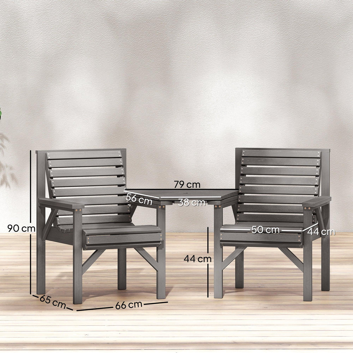 Light grey bistro set with two armchairs and center table, side view with dimensions