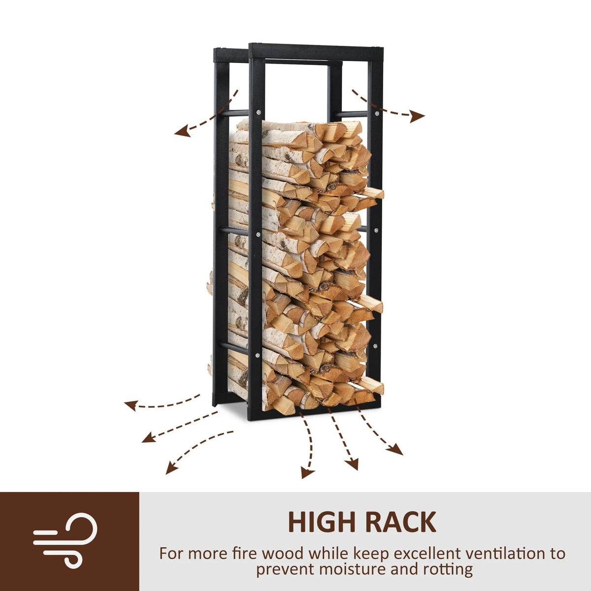 Tall black metal firewood log rack with multiple shelves, stacked logs inside